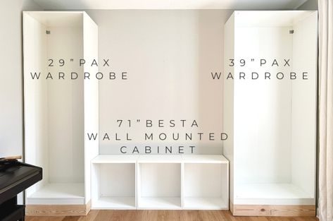 How To DIY Built In Wardrobe For A Multipurpose Room - Fun Home Building Pax Wardrobe Tv Ideas, Pax Wardrobe Over Bed, Ikea Built In Wardrobe Ideas, Built In Cupboard Hallway, Ikea Wardrobe Office, Pax Living Room Built Ins, Narrow Hallway Built In Cabinets, Ikea Wardrobe Ideas Organizations, Ikea Pax Built In Around Window