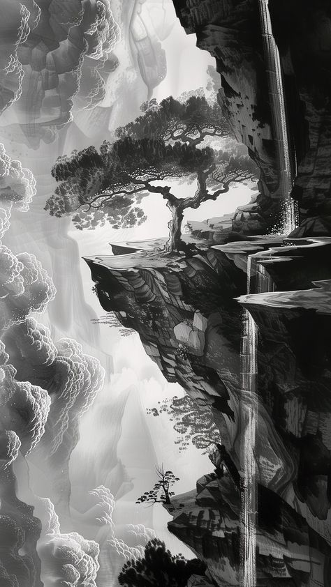 Aesthetic Landscape Sketch, Japan Scenery Drawing, White Samurai Wallpaper, Scenery Art Drawing, Asian Warrior Tattoo, Black And White Japanese Wallpaper, Dark Desktop Wallpaper Hd 1080p, Japanese Landscape Tattoo, Japanese Scenery Art