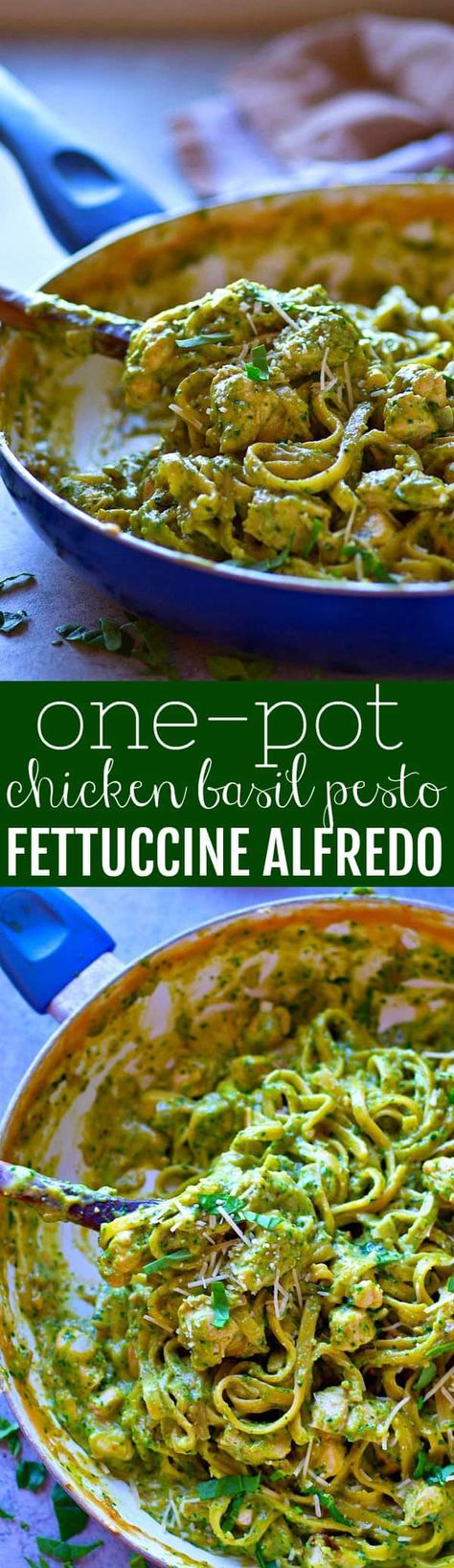 Pesto Fettucini, Simple Chicken Alfredo Recipe, Chicken Basil, Chicken Fettuccine Alfredo, Chicken Fettuccine, Chicken Alfredo Recipes, One Pot Chicken, Homemade Pesto, Fettuccine Alfredo