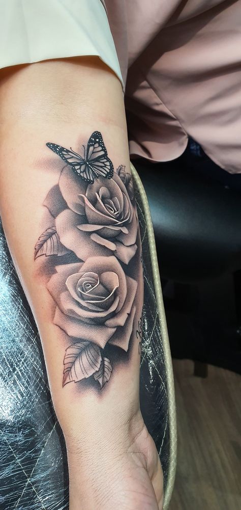 Roses and butterfly Rose Vine With Butterflies Tattoo, Roses Wrist Tattoos For Women, Two Roses And Butterfly Tattoo, Roses And Butterfly Tattoo On Shoulder, Ink Ideas Tattoo, Roses And Lilies Tattoo, Back Rose Tattoo Women, Butterfly On Rose Tattoo, Forearm Rose Tattoo Women