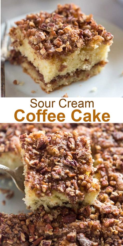 Sour Cream Coffee Cake Recipe, Pecan Coffee Cake, Cake Breakfast, Coffee Cake Recipes Easy, Pecan Topping, Cinnamon Pecans, Sour Cream Coffee Cake, Coffee Cake Recipe, White Cake Recipe