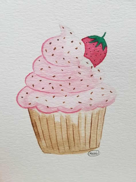 Cupcake #cupcake #watercolor #bakeryart #art #artbynui Cupcake Cute Drawing, Watercolour Cupcake Painting, Watercolor Cake Painting Easy, Drawing Of A Cupcake, Cupcake Painting Easy, Cupcake Art Drawing, Dessert Drawings Easy, Cupcake Painting On Canvas, Drawings Of Cupcakes