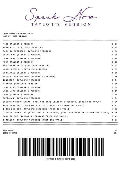 Speak Now (Taylor's Version) by Taylor Swift !! made by me, free to use ;) Taylor Swift Album Receipt Speak Now, Taylor Swift Speak Now Receipt, Taylor Swift Speak Now Song List, Speak Now Taylors Version Receipt, Speak Now Tv Receipt, Speak Now Taylors Version Tracklist, Taylor Swift Speak Now Taylor's Version, Speak Now Journal, Speak Now Tracklist