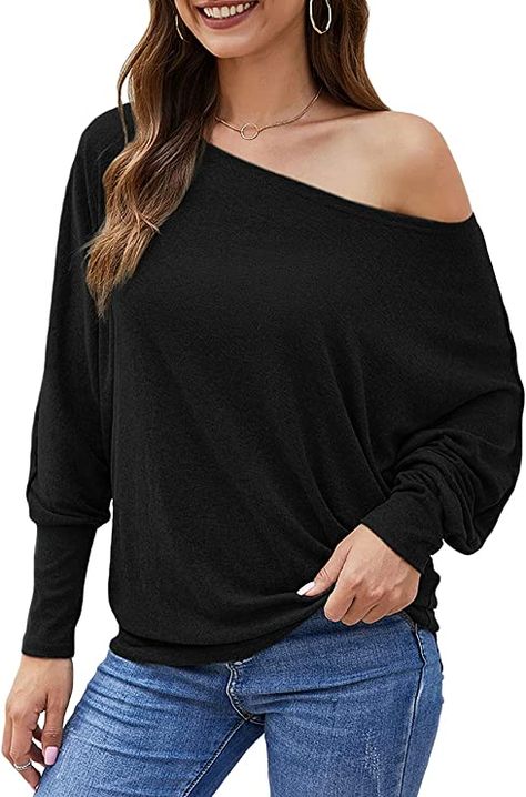 Women's Off The Shoulder Top Long Sleeve Casual Oversized Shirts Blouses for Women Fall Fashion 2023 Batwing Sleeve Tunics Going Out Tops Black at Amazon Women’s Clothing store Fall Fashion Sweaters, Oversized Pullover Sweaters, Trendy Leggings, Batwing Sweater, Off The Shoulder Tops, Off Shoulder Shirt, Oversize Fashion, Shoulder Tops, Hottest Fashion Trends