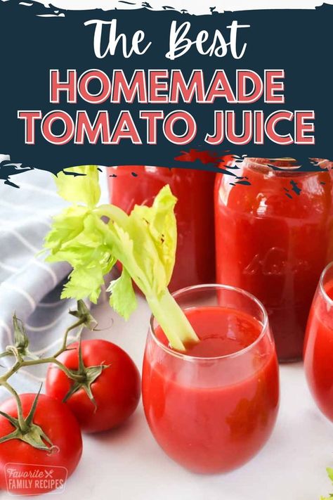 This is the Best Homemade Tomato Juice. Tomato juice is a delicious and versatile drink that can be served as a refreshing beverage, as an ingredient in recipes, or as a soup base. Serve it chilled or hot - either way, you’re going to love the zesty flavor and fresh taste of this homemade tomato juice. Jarred Tomatoes, Fresh Tomato Juice Recipe, Homemade V8 Juice, Best Canned Tomatoes, Canning Tomato Juice, Homemade Tomato Juice, Tomato Juice Recipes, Luscious Recipes, Canned Tomato Juice