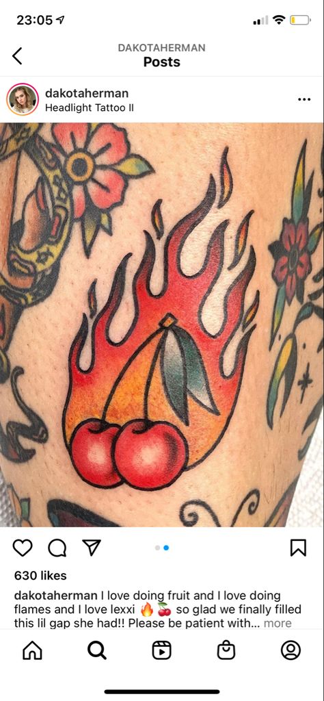 Traditional Tattoo Cherries, Flaming Cherry Tattoo, Cherry On Fire Tattoo, Trad Flames Tattoo, American Traditional Flame Tattoo, Flames Traditional Tattoo, American Traditional Fire Tattoo, Traditional Match Tattoo, Fire Tattoo Traditional