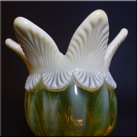 Vaseline 'primrose' yellow glass spill vase by Davidson, from their Pearline range, pattern name '1891 Art Glow, Primrose Yellow, Vintage Glassware, Pattern Names, Vaseline, Glow In The Dark, Art Glass, Beautiful Art, Glass Art