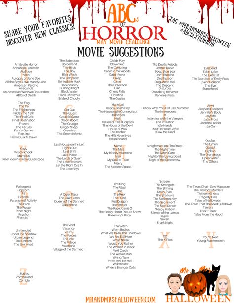 halloween mr and mrs halloween horror movie challenge Horror Movie Challenge, Scary Movie List, Scary Movies To Watch, Halloween Movies List, Films Quotes, Movie Challenge, Movie Suggestions, The Babadook, Horror Movies List