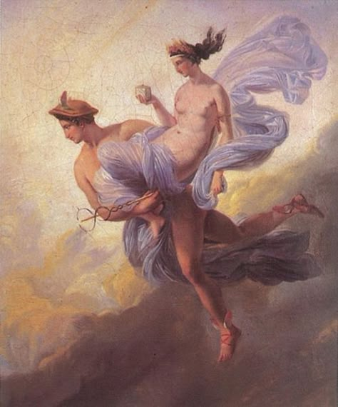 Jean Alaux (1786–1864)    Pandora carried off by Mercury Pandora Mythology Aesthetic, Pandora Painting, Hermes Painting, Ancient Greek Aesthetic, Mythic Odysseys Of Theros, Old Oil Paintings, Greek Lifestyle, Celestial Illustration, Hermes Mercury