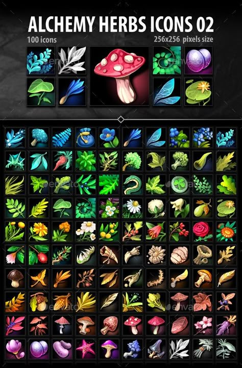 Alchemy Herbs, Rpg Icons, Herb Art, الفن الرقمي, Elemental Magic, Fantasy Items, D D Items, Game Icons, Fantasy Props