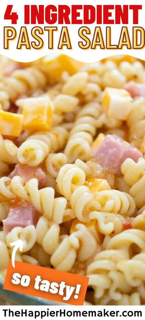 This easy 4 ingredient pasta salad is the perfect summer side dish. With just some pasta, Italian dressing, meat and cheese you can enjoy this simple pasta salad as is or dress it up with any extras you have on hand. Pasta Salad No Veggies, Pasta Salad With No Tomatoes, Cold Pasta For Lunch, Meat And Cheese Pasta Salad, 4 Ingredient Salads, Cold Pasta Salad Recipes With Italian Dressing Noodles, Pasta Salad Recipes For Picky Eaters, Sides Dishes Cold, 5 Ingredient Pasta Salad