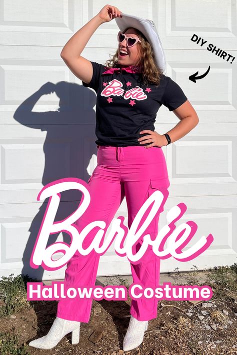 Step-by-step instructions for creating your own DIY Cowgirl Barbie Halloween Costume with a custom shirt & ideas for other costume elements! Barbie Tshirt Outfits, Diy Barbie Halloween Costume, Plus Size Barbie Costume, Diy Barbie Costume For Women, Barbie Shirt Ideas, Cowgirl Barbie Halloween Costume, Custom Shirt Ideas, Barbie Costume Ideas Women, Different Barbies Costumes