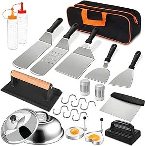 This griddle accessories kit includes: 1* long griddle spatula, 1* slotted spatula, 1* large burger turner, 1* burger flipper, 1* slant edge scraper, 1* cast iron griddle press, 2* squeeze bottles, 1* chopper, 2* egg rings, 6* hooks, 2* spice shakers, 1* sauce brush, 2* basting cover, 1* storage bag, 1* gift box. Griddle Accessories, Griddles & Grill Pans, Grill Press, Barbecue Camping, Iron Grill, Flat Top Grill, Cast Iron Griddle, Camping Cooking, Outdoor Barbecue