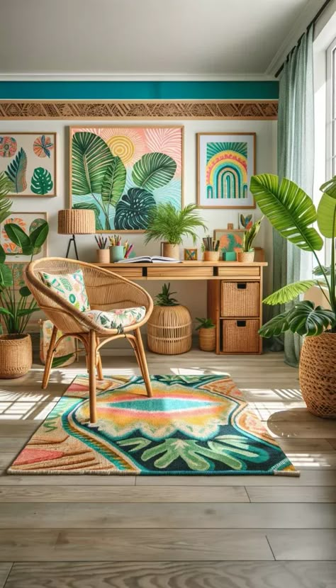 Tropical Office Decor Inspiration, Vibrant Office Design, Antique Wooden Desk, Bright Office Space, Tropical Decor Ideas, Tropical Decor Living Room, Tropical Office, Cozy Living Room Furniture, Cozy Living Room Inspiration