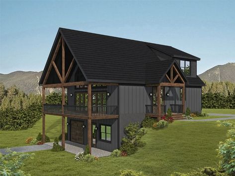 062H-0387: Two-Story Mountain House Plan River House Plans Open Floor, House Plans With Lookout Tower, Hillside Lake House Plans, Hillside Cottage Plans, River Cabin Plans, Country Lake House Decor, Walk Out Basement House Plans Ranch, Chalet Home Plans, 3 Bedroom Lake House Plans