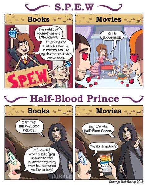 Hp Comics, Books Vs Movies, Welcome To Hogwarts, Harry Potter Puns, Harry Potter Comics, Potter Facts, Harry Potter Facts, Harry Potter Jokes, Harry Potter Love