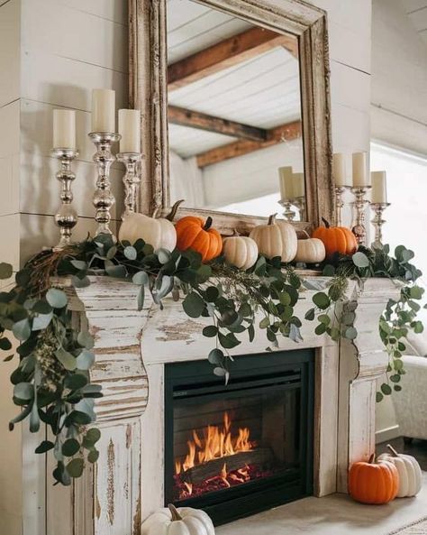 Seasonal Fireplace Decor, Autumn Fireplace Decor, Fall Mantle Decor With Tv, Autumn Mantel Decor, Pumpkin Mantle, Fall Mantle Ideas, Cottage Fall Decor, Fall Fireplace Decor Mantles, Fall Fireplace Mantel