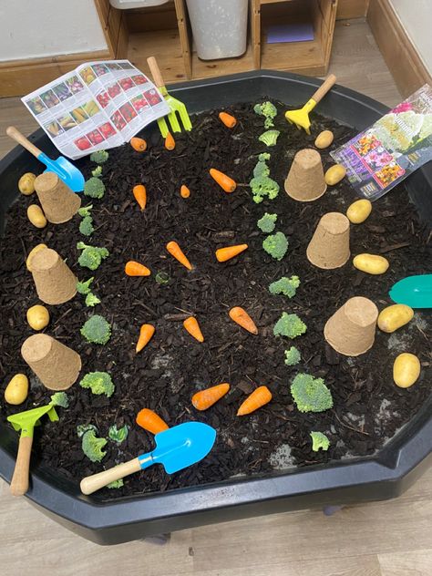 Trough Ideas Preschool, Vegetable Tuff Tray Ideas, Plant Tuff Tray, Vegetable Sensory Play, Garden Tuff Tray Ideas, Spring Tuff Tray Ideas Preschool, Farm Eyfs, Olivers Vegetables, Farm Theme Crafts