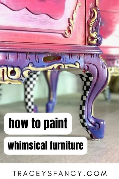 black and white patterns + bright colors! this furniture painting blog will teach you how to paint funky whimsical furniture #traceysfancy #furniturefinish brightly painted furniture makeovers & painted night stand ideas Diy Painted Furniture Ideas Inspiration, Fantasy Painted Furniture, Fun Furniture Painting Ideas, Maximalist Furniture Diy, Fun Painted Furniture, Whimsical Furniture Painting Ideas, Headboard Painting Ideas, Diy Pink Furniture, Table Painting Ideas Colorful