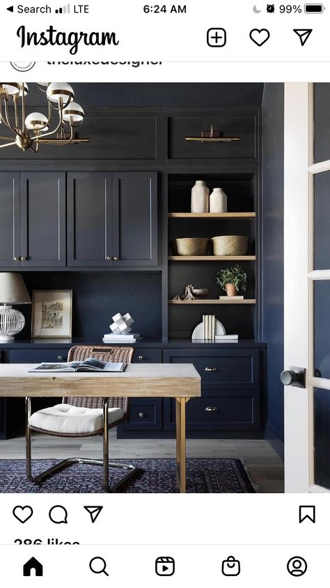 Blue Office Ideas, Dark Blue Office, Moody Backdrop, Luxurious Home Office, Moody Style, Elegant Home Office, Cabinet Trim, Office Built Ins, Home Office Cabinets