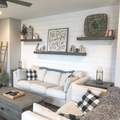 Decor On Shiplap Wall, Decorated Shiplap Walls, Farmhouse Behind Couch Wall Decor, Shelves On Living Room Wall, Large Living Room Pictures, Wall Decor On Shiplap Walls, Living Rooms With Shiplap, Feature Wall With Shelf, Large Wall Behind Bed Decor