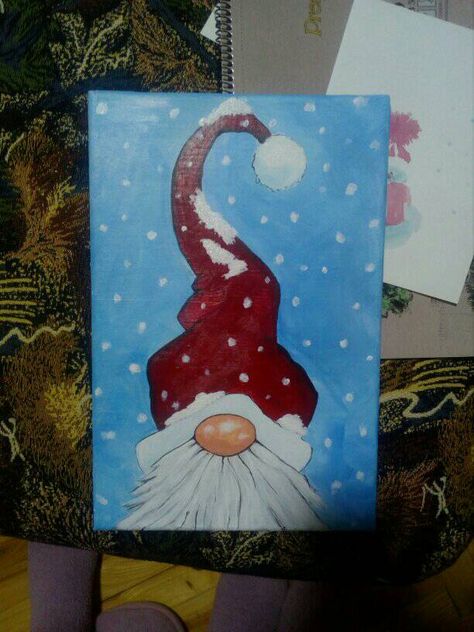 Christmas Painting Ideas Gnome, Paintings Of Gnomes, Gnomes Canvas Painting, Nome Christmas Painting, Gnomes Paintings Easy, Christmas Gnome Painting Canvas Diy, Painting Christmas Gnomes, Xmas Acrylic Paintings, Christmas Card Painting Ideas Acrylic