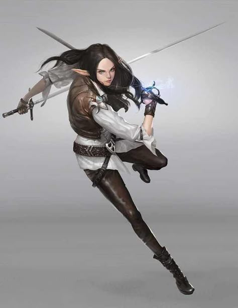 Duel-wielding light weapons with light brown jacket and button white shirt with a black belt buckle with light leather pants and boots. Weiblicher Elf, Evelynn League Of Legends, Female Elf, Dnd Character Ideas, Female Warriors, Dungeons And Dragons Characters, Disegni Artistici, Rpg Characters, Character Poses