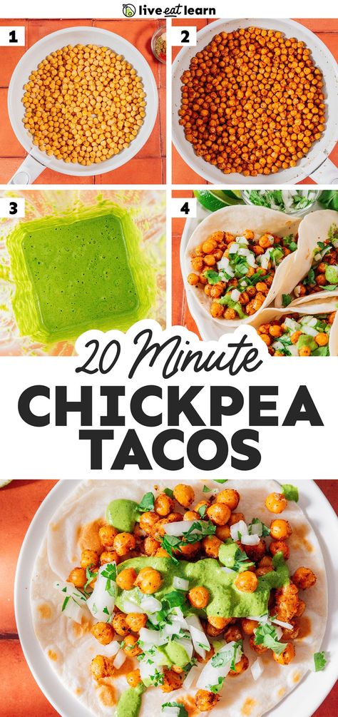 15-Minute Chickpea Tacos (Stovetop or Air Fryer) Vegetarian Tacos Recipes, Quick Vegetarian Dinner, Chickpea Tacos, Fresh Dishes, Vegetarian Tacos, Crispy Chickpeas, Chickpea Recipes, Yogurt Sauce, Frugal Meals