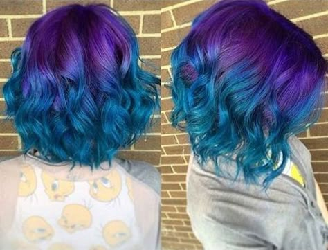 Purple And Blue Hair, Blue And Purple Hair, Purple Blue Ombre, Ombre Hairstyles, Blue Ombre Hair, Galaxy Hair, Teal Hair, Bright Hair, Penteado Cabelo Curto