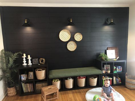 Black Accent Wall Playroom, Black Cube Storage Ideas, Kallax Bench, White Playroom, Black Shiplap, Playroom Mats, Office Room Design, Front Foyer, Ikea Kallax Shelf