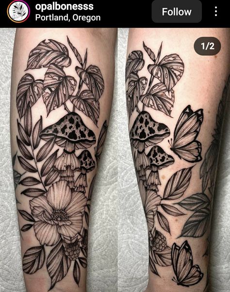 Forest Floral Tattoo, Woodland Tattoo Sleeve, Fairy Sleeve Tattoo, Gap Filler Tattoo, Sticker Sleeve, Medium Tattoos, Left Arm Tattoos, Filler Tattoo, Earthy Tattoos