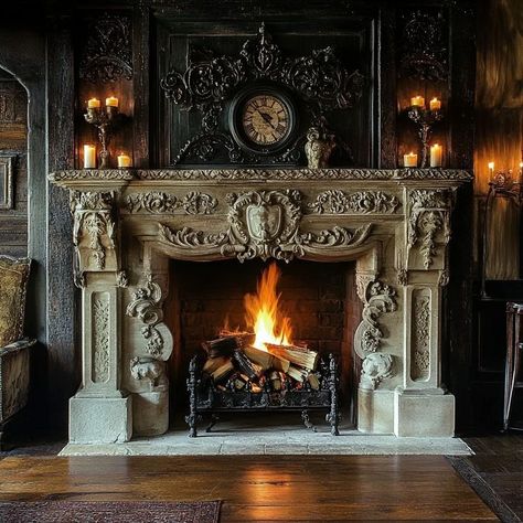 Opulent stone fireplace with classical mantel decor, creating a warm and inviting atmosphere in a luxurious setting. Perfect for elegant home decor inspiration. Victorian Fire Place, Historical Fireplace, Fantasy Fireplace, Ancient Fireplace, Giant Fireplace, Victorian Gothic Bedroom, Fireplace Victorian, Gothic Fireplace, Halloween Dollhouse