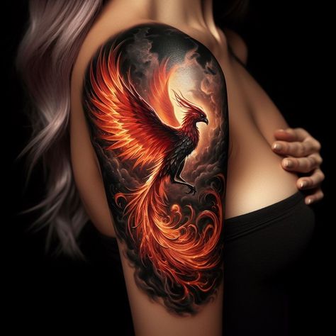 3d Phoenix Tattoo, Phoenix Feminine Tattoo, Fenix Tattoo Woman Arm, Pheonix Tattoo For Women On Forearm, Phoenix On Fire Tattoo, Phoenix Tattoo Feminine Arm Sleeve, Realistic Phoenix Tattoo, Center Back Tattoo, Color Phoenix Tattoo