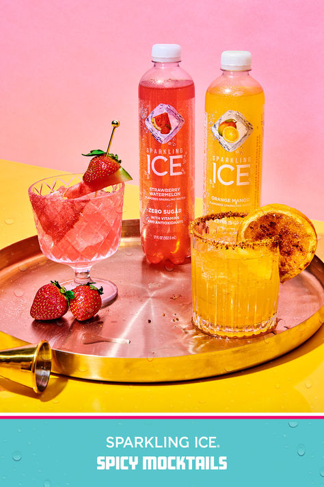 Turn up the heat for Dry January with these two delicious, spicy and sweet zero alcohol, zero sugar mocktail ideas. The Spicy Strawberry Watermelon Spritzer and the Spicy Orange Mango Margarita made with Sparkling Ice. Watermelon Spritzer, Mocktail Ideas, Zero Alcohol, Mango Margarita, Sparkling Water, Sparkling Ice, Summer Cocktails, Mocktails, The Heat