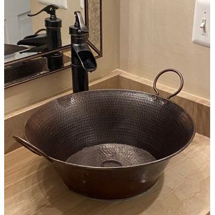 Rustic Sink Bathroom, Rustic Bathroom Sink Ideas, Rustic Half Bath, Rustic Bathroom Sink, Copper Sink Care, Bathroom Sink Countertop, Counter Top Sink Bathroom, Bucket Sink, Copper Vessel Sinks