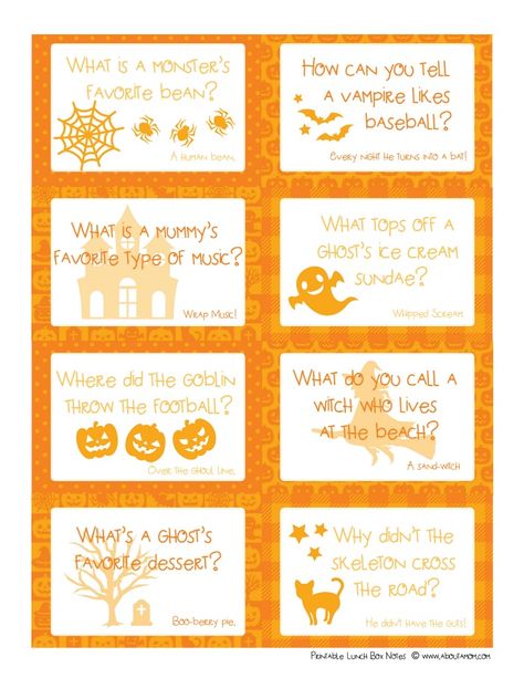 Halloween Lunchbox Jokes Printable & Halloween Lunch Ideas Halloween Lunchbox Notes, Halloween Lunchbox Jokes, Lunchbox Jokes For Kids, Fall Jokes, Lunch Ideas Bento, Halloween Jokes For Kids, Halloween Lunch Box Notes, Halloween Lunch Ideas, Halloween Lunch Box