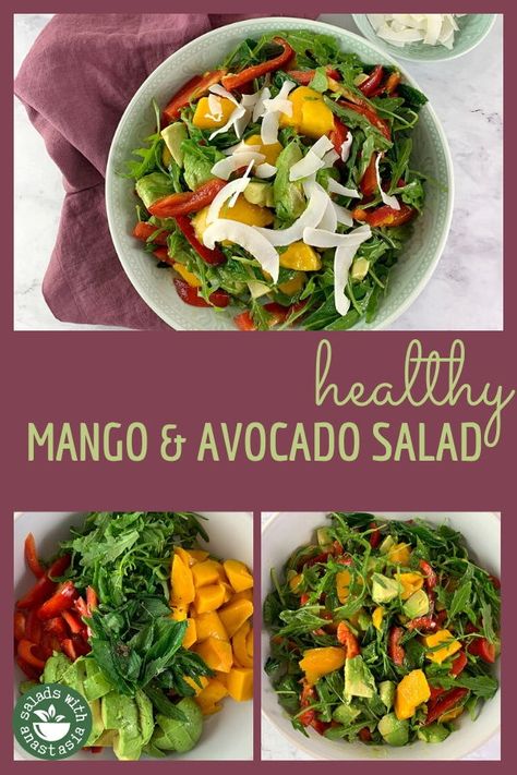 This salad is a real crowd pleaser! Beautiful sweet juicy  mangoes combined with creamy avocado peppery arugula (rocket)  and crisp red peppers with the coconut flakes enhance the tropical flavours of this colourful summer salad. Avocado Mango Salad, Salad With Lime Dressing, Antipasto Pasta Salads, Barbecue Side Dishes, Clean Eating Salads, Mango Avocado, Mango Chunks, Easy Clean Eating, Mango Salad