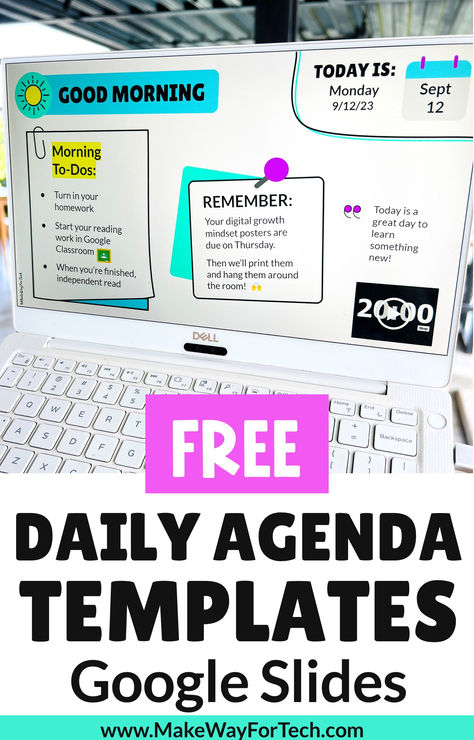 Classroom daily agenda slides templates are the ultimate classroom organization idea. Assignment slides help students work independently while keeping you on track. This is the ultimate self-care tool for teachers - it reduces your stress helps keep your lesson plans on track. Use these class slides with timers for high school, middle school, and elementary classrooms. Use them also for morning meeting, small group rotations, organization your links for students, and for getting ready to go home Daily Agenda Template, School Templates Printables, Classroom Slides, Classroom Slides Template Free, Free Google Slides Templates, Agenda Slide Design, Agenda Slide, Daily Slides For Classroom, Daily Agenda Slides High School