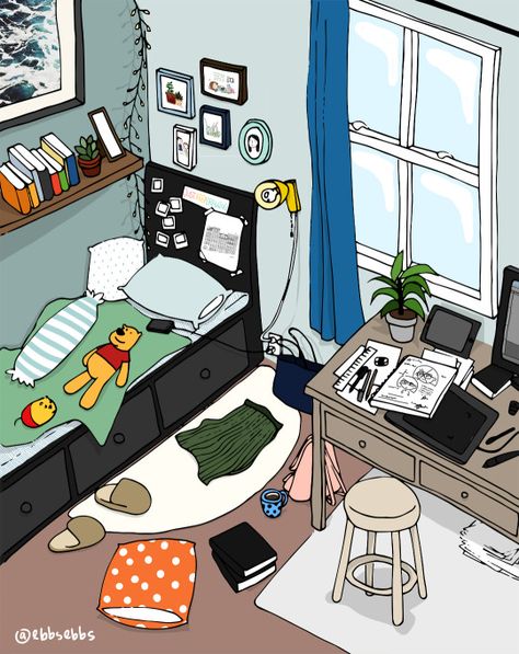 ebbs ebbs Messy Room Painting, Messy Room Illustration, Messy Room Drawing, Messy Clothes, Messy Bedroom, Bedroom Cartoon, Bedroom Illustration, Hostel Room, Anime Websites