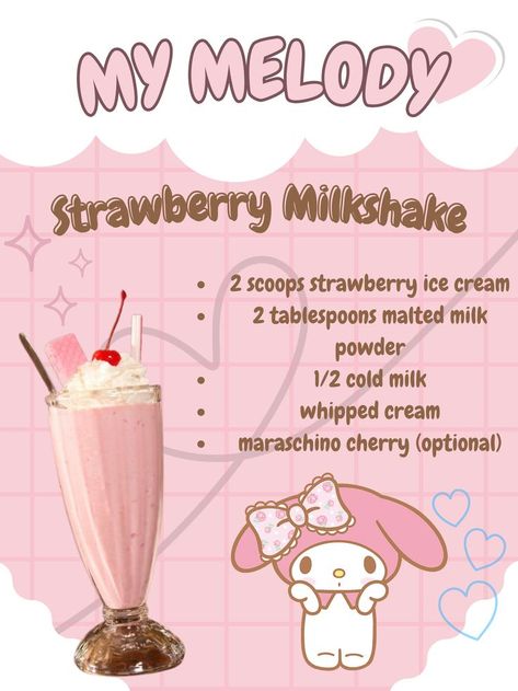 Pink Milkshake Recipe, Hello Kitty Starbucks Drink Recipe, My Melody Snacks, Strawberry Ice Cream Milkshake, My Melody Starbucks Drink, My Melody Dessert, Kawaii Drink Recipes, Sanrio Milkshake, Cute Diet Plan Sanrio