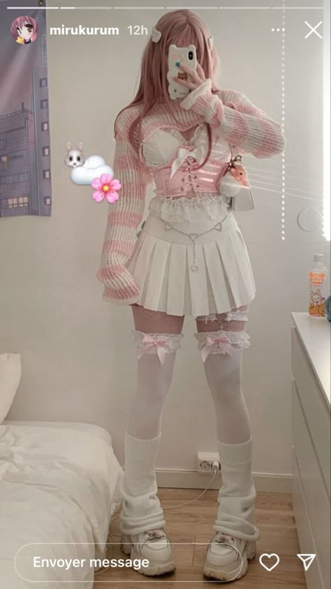 White Bimbocore Outfits, Pastel Pink Aesthetic Outfits, White Fishnet Outfit, Girly Y2k Outfits, Femboy Outfits Aesthetic, Girly Goth Aesthetic, Pastel Pink Outfit, Cute Kawaii Outfits, Kawaii Outfit Ideas