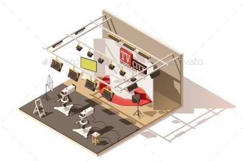 Vector isometric low poly television studio icon. Includes studio stage, tv cameras, lighting Music Recording, Tv Studio, Music Studio Room, Control Room, Building Concept, Studio Setup, Music Studio, Creative Sketches, Studio Lighting