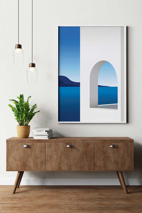 This Greek travel poster is a modern take on a classic white & blue color palette. It features an illustration of a balcony with a view overlooking the beautiful Aegean Sea. The wall art is great for those who love Greece, Greek islands, architecture and landscapes. Greek Illustration, Green Art Painting, Greek Landscape, Greece Poster, Aegean Islands, View Illustration, Canvas Art Painting Abstract, Greece Painting, Greek Paintings