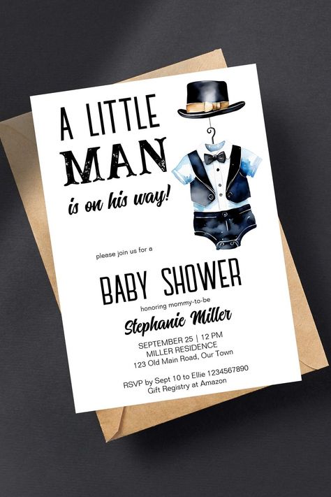 Little man baby shower template invitation digital download black baby tuxedo bodysuit a black hat Little Gentleman Baby Shower Ideas, Little Man Baby Shower Ideas, Bow Tie Baby Shower Theme, Baby Tuxedo, Shower Black, Template Invitation, Baby Shower Templates, Baby Shower Winter, Black Baby