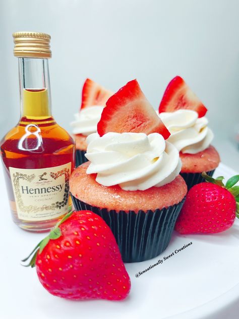 Hennessy infused strawberry cupcakes Alcohol Infused Treats, Hennessy Desserts, Hennessy Cupcakes Recipe, Alcohol Infused Desserts, Alcohol Cupcakes Recipes, Infused Cupcakes Recipes, Hennessy Cupcakes, Booze Cupcakes, Liquor Infused Cupcakes