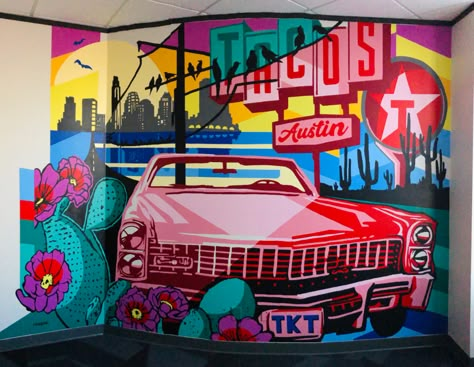 Phoebe Joynt — Fulcrum Capitol Office Mural, ATX Car Mural Art, Pop Art Mural, Car Mural, Cars Mural, Car Graffiti, Spray Can Art, Sketch Wall, Office Mural, Colorful Murals