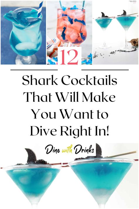 Collage of 4 shark cocktails. Jaws Themed Cocktail, Shark Ideas For Party, Shark Drinks Alcohol, Shark Themed Cocktails, Shark Week Drinks Alcohol, Shark Week Meals, Diving Theme Party, Shark Themed Drinks, Shark Week Cocktails