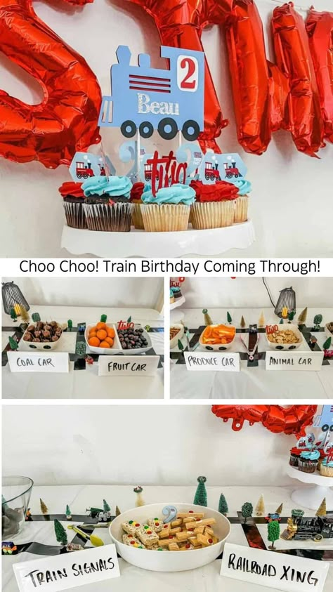 Chugga Chugga Two Two - a Train Themed Birthday Party - traditionallycozy.com Train Theme Birthday Party Food, Train Birthday Party Food, Train Party Food, Choo Choo Train Birthday Party, Twins Second Birthday, Two Year Birthday, Train Themed Birthday Party, Train Birthday Theme, Train Theme Party