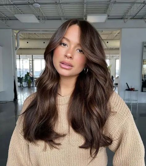 2024 Spring Hair Color Trends for Brunettes: Caramel, Balayage, and More Dark Eyes Hair Color, Dark Neutral Brown Hair, Brunette Hair Colours, Trending Brunette Hair Color 2024, Different Brunette Hair Colors, Brunette Hair Colour Ideas, Brunette 2024 Hair Trends, Hair Trends 2024 Brunette, All Over Brunette Hair Color