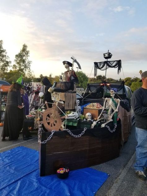 Pirate Ship Trunk Or Treat Truck, Pirate Truck Or Treat Ideas, Pirate Trunk Or Treat Ideas For Trucks, Trunk N Treat Ideas, Pirate Theme Trunk Or Treat, Pirate Trunk Or Treat Ideas For Cars, Trunk Or Treat Skeleton, Skeleton Trunk Or Treat, Skeleton Trunk Or Treat Ideas